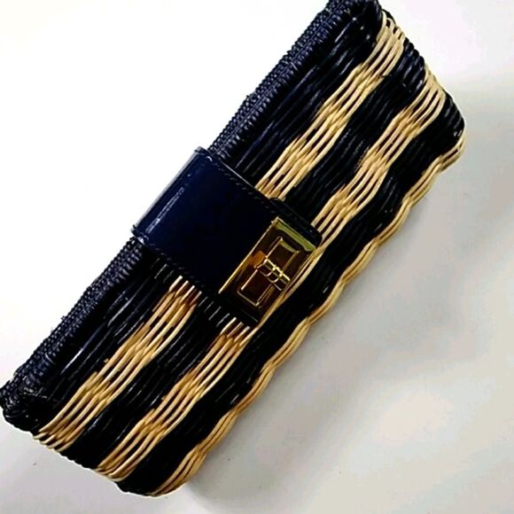 J CREW FACTORY HAVANA NAVY BLUE AND NATURAL WICKER STRAW CLUTCH EVENING BAG - Picture 2 of 16